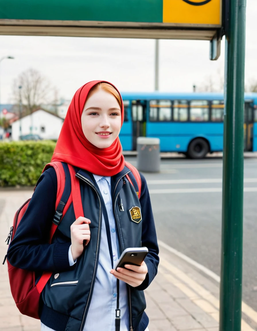 photography full body portrait of very beautiful realistic girl, 13-years-old, holding a smartphone, standing in front of a bus stop, carrying backpack, wear hijab headscarf, uniform with royal Stewart vest, porcelain skin, very fair skin, very pale skin, redhead, detail skin texture, hazel eyes, slanted eyes, small nose, small nostril, think curved eyebrow, thick bottom lip, seductive gaze, happy face, unique face, detail photo, realistic photo, master piece picture, sharp picture, outdoor clear daylight