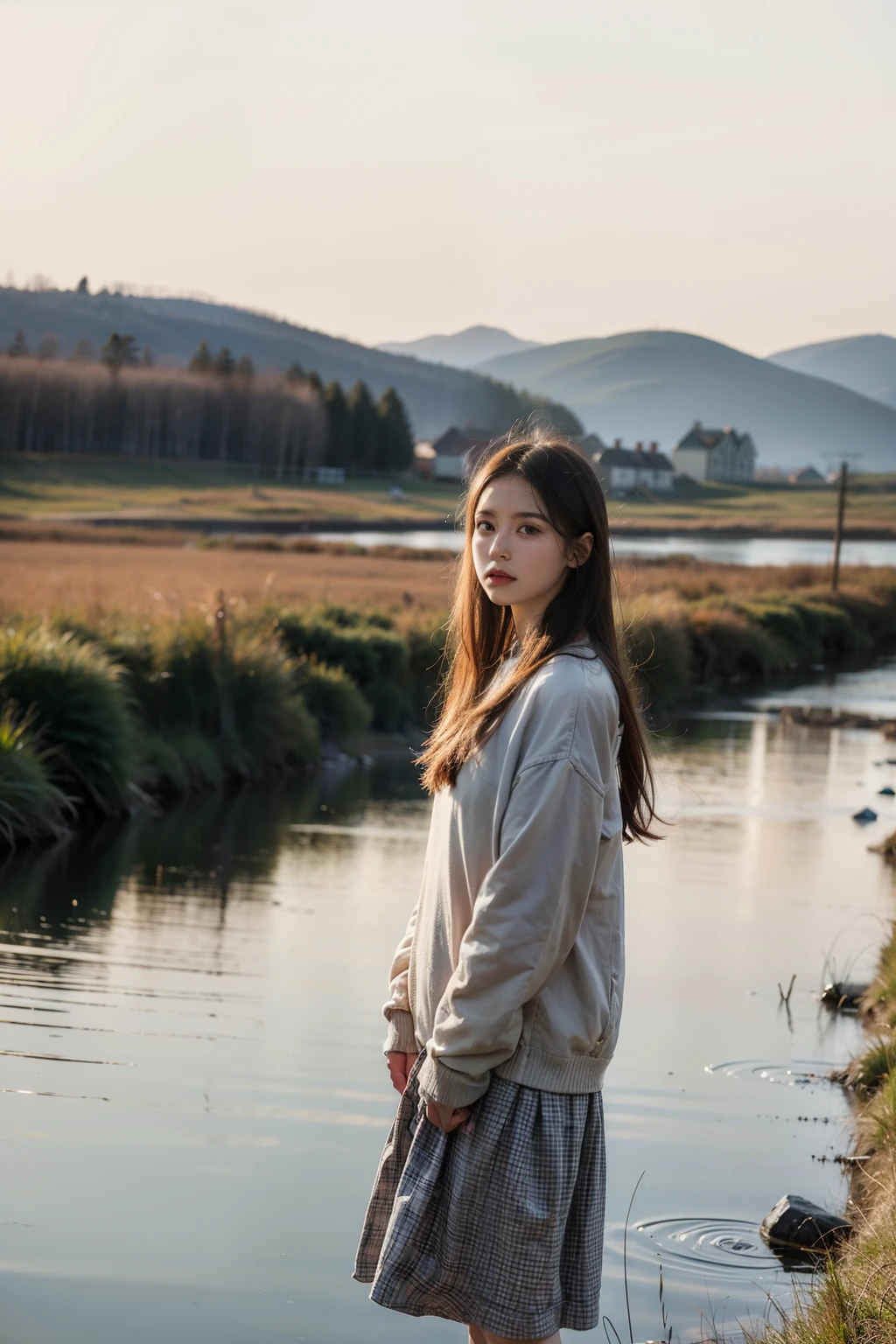 On the vast steppes of Russia，In the picture, a beautiful village girl stands on the bridge over the stream，The sky is pure without any pollution