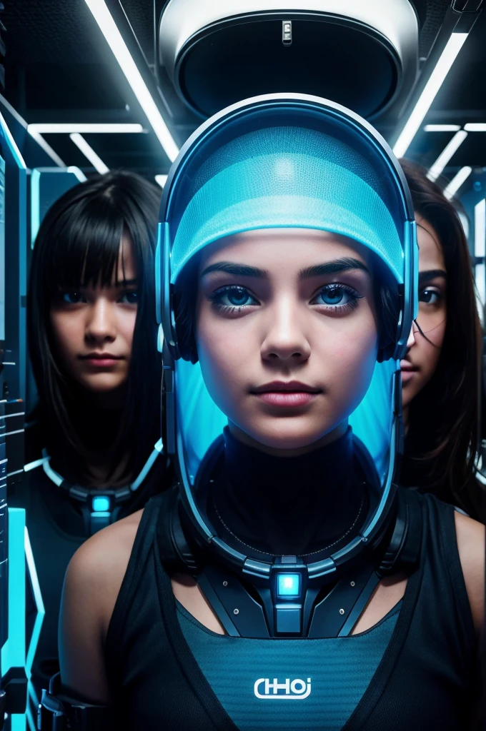 In a futuristic setup, a group oh hackers in a room with faces covered. A girl hacker in middle front in highlight