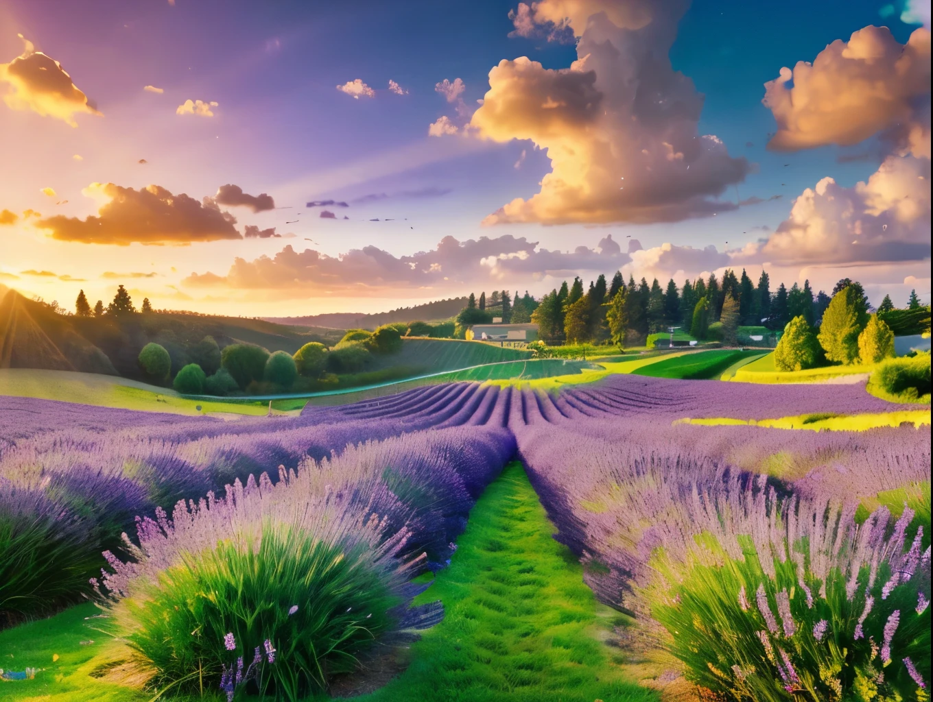 detailed lush lavender field, rolling hills, golden sunlight, serene atmosphere, beautiful detailed sky with clouds, detailed grass, vibrant purple lavender flowers, soft gentle breeze, tranquil lake, stone path, (best quality,4k,8k,highres,masterpiece:1.2),ultra-detailed,(realistic,photorealistic,photo-realistic:1.37),vibrant colors,dramatic lighting,cinematic composition