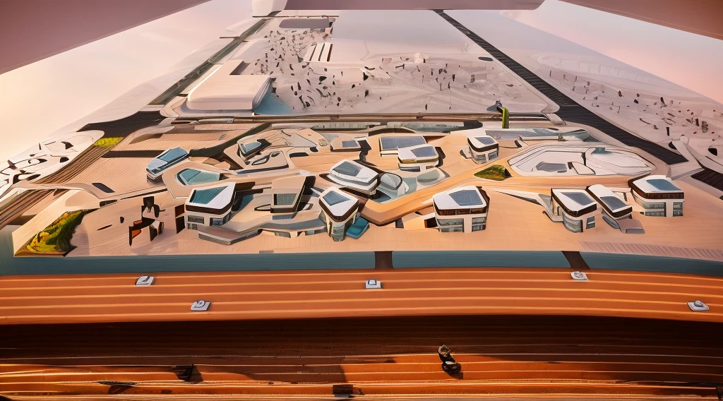 Elevated view of the city center,modern residential buildings,rooftop gardens,(minimalist:1.2) design,(sunset:1.2),warm colors,aerial perspective,masterpiece,best quality,