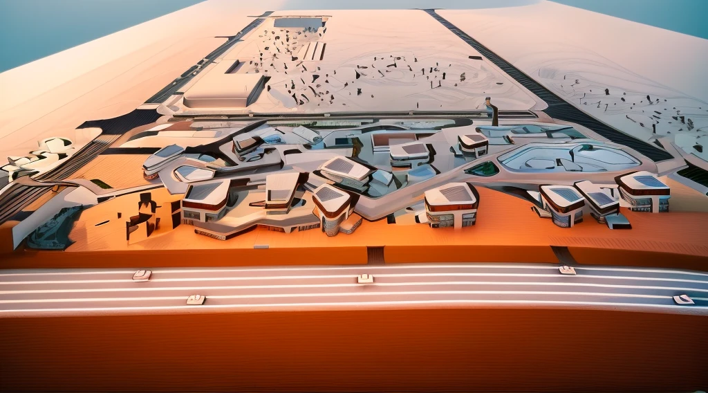 Elevated view of the city center,modern residential buildings,rooftop gardens,(minimalist:1.2) design,(sunset:1.2),warm colors,aerial perspective,masterpiece,best quality,
