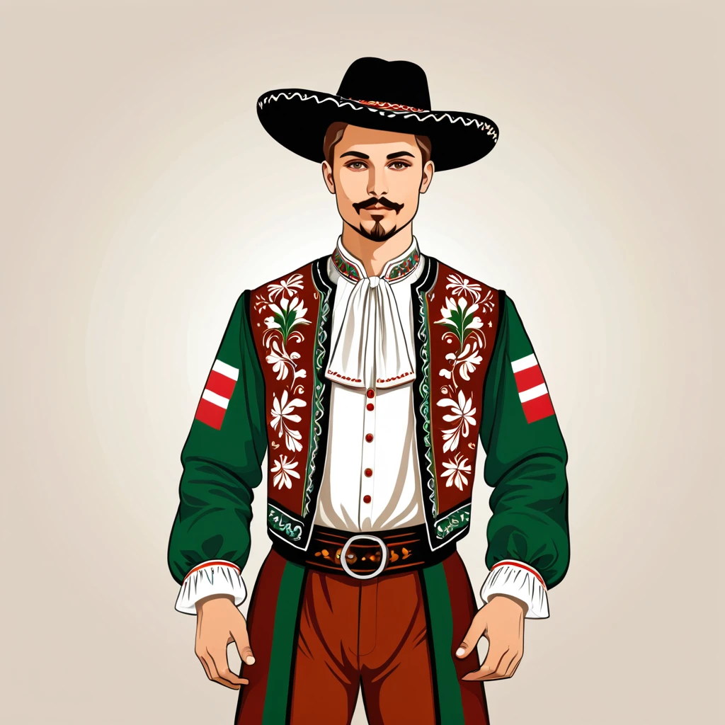 man in hungarian folk outfit, vector graphics, strong contours