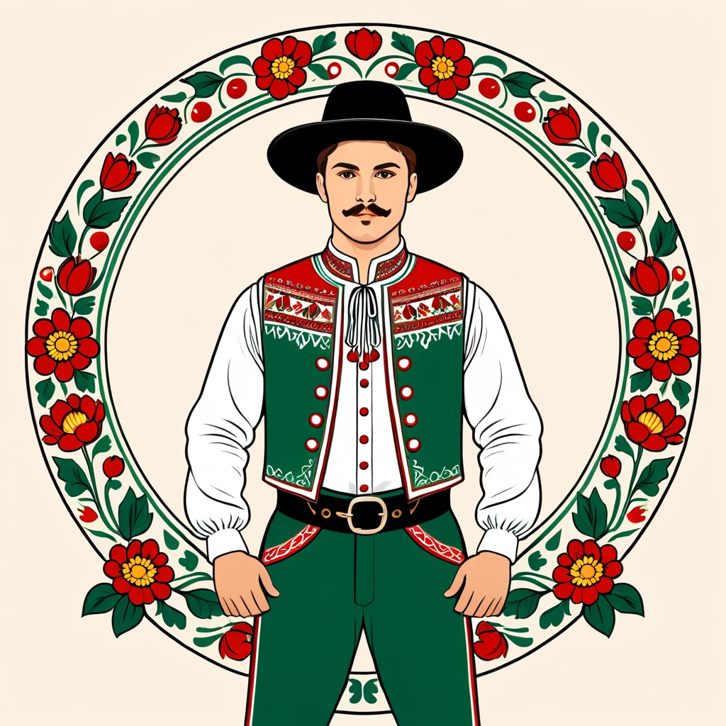 man in hungarian folk outfit, vector graphics, strong contours
