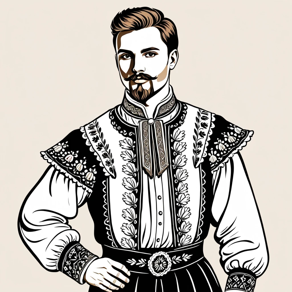 man in hungarian folk outfit, vector graphics, strong contours