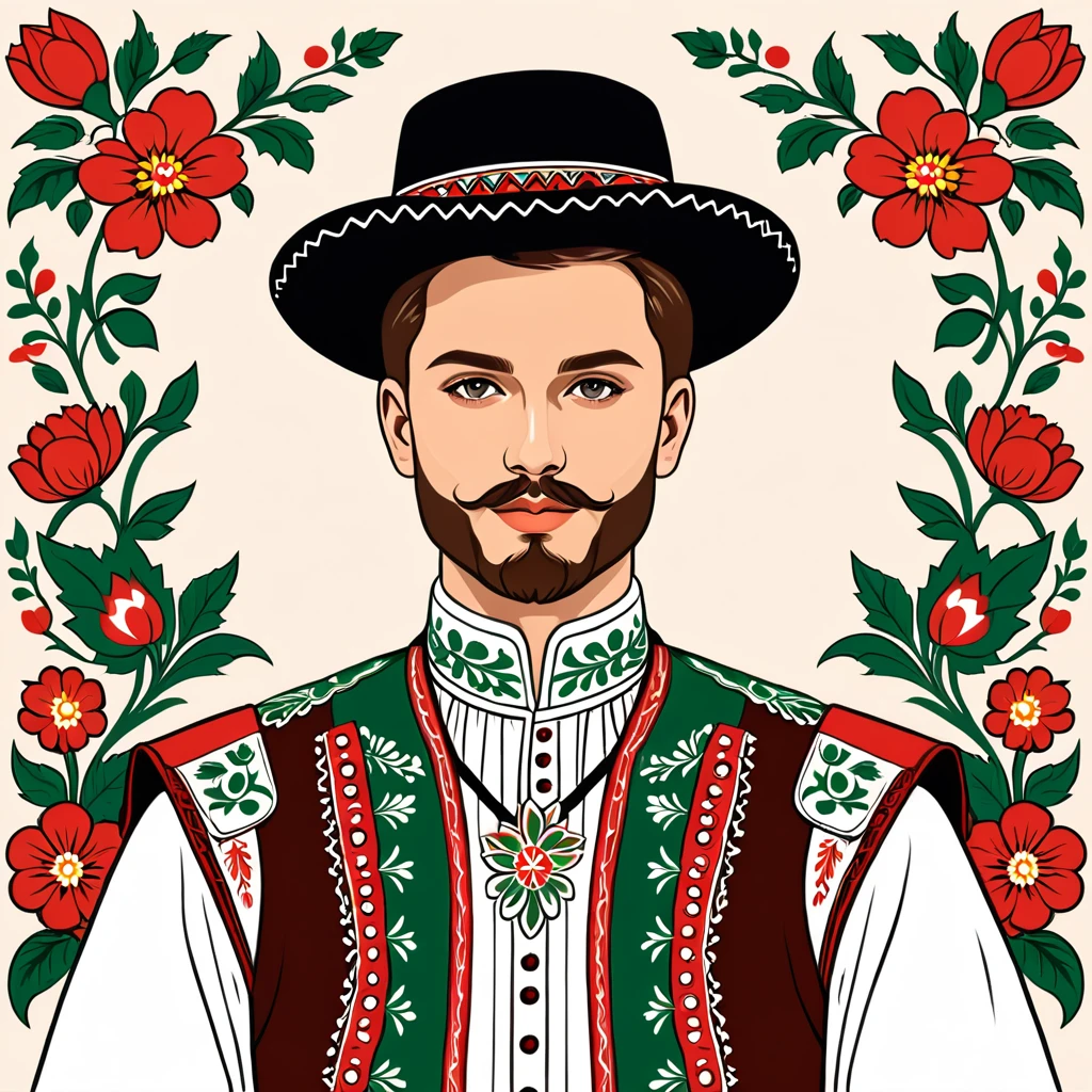 man in hungarian folk outfit, vector graphics, strong contours

