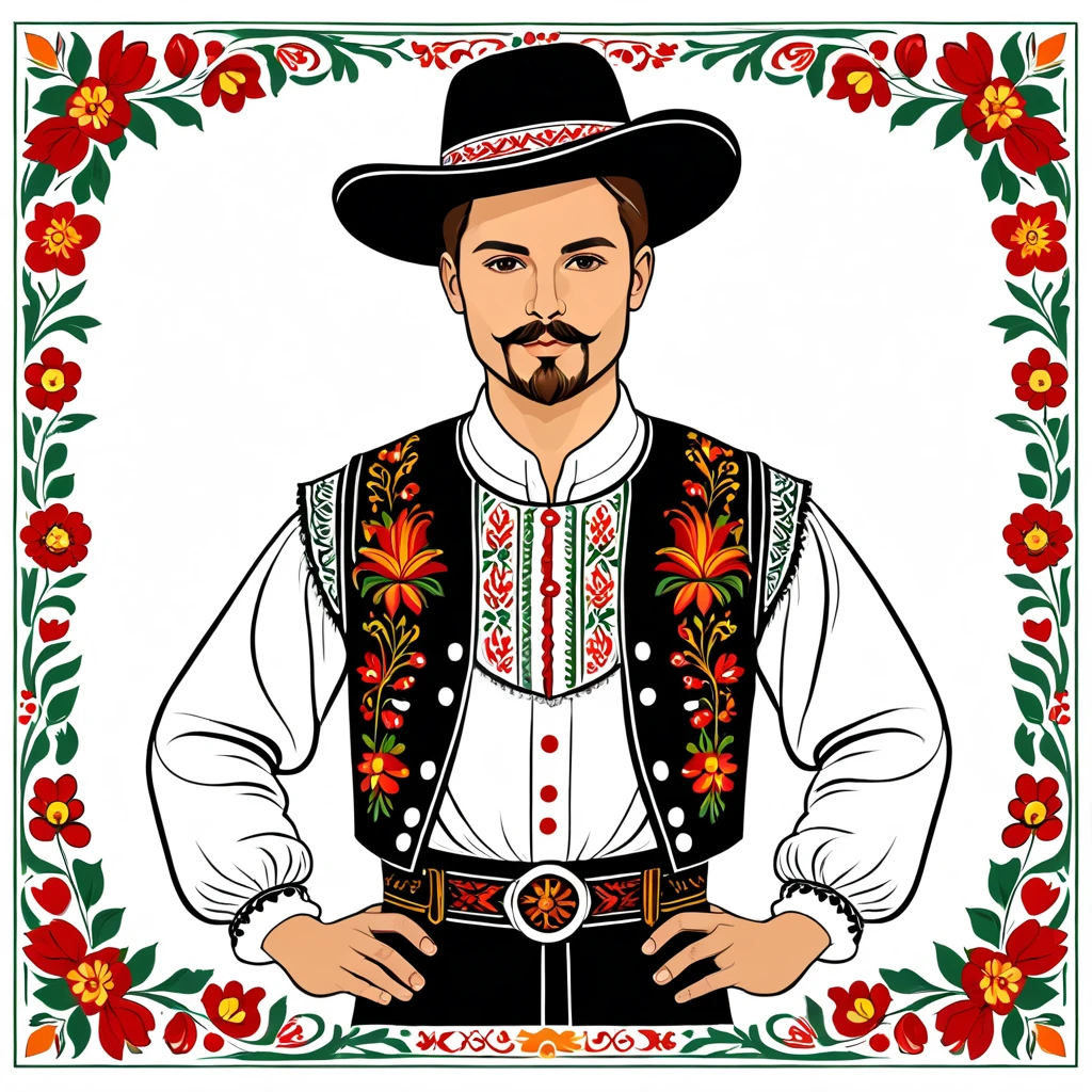 man in hungarian folk outfit, vector graphics, strong contours
