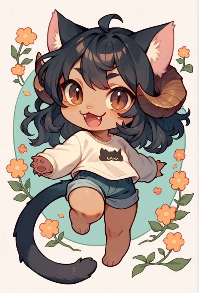 chibi, full body, A beautiful woman, long wavy black hair, brown eyes, casual clothing, cat ears and tail, fangs, horns