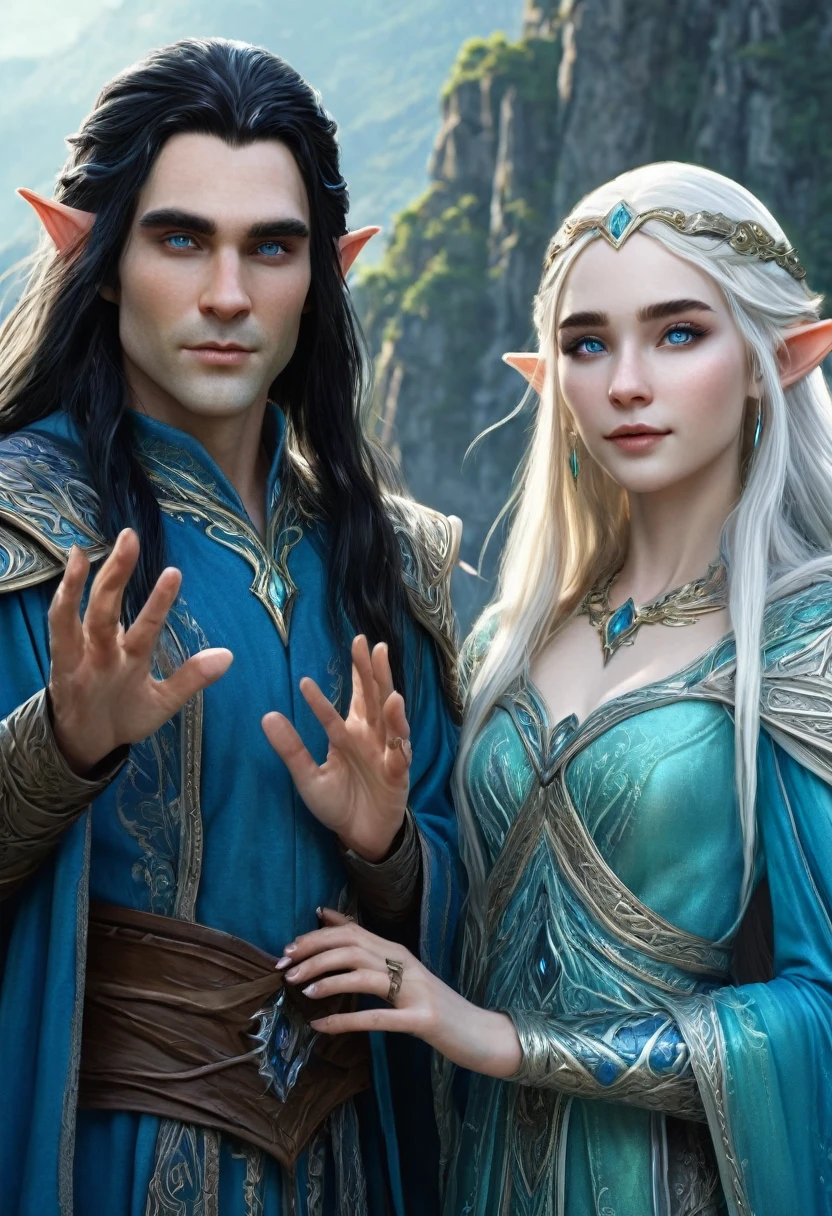 Image of a man and women who are elves , man long hairs , women with black hairs and pale skin , blue eye on both man and women , man and women with normal expression , man and women wearing old elven cloths , glowing hands with bright sparkling magic , mountain scenery