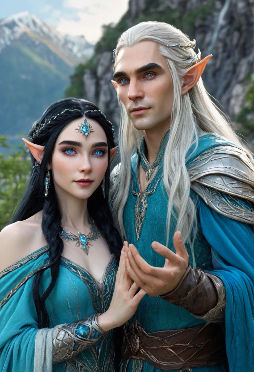 Image of a man and women who are elves , man long hairs , women with black hairs and pale skin , blue eye on both man and women , man and women with normal expression , man and women wearing old elven cloths , glowing hands with bright sparkling magic , mountain scenery