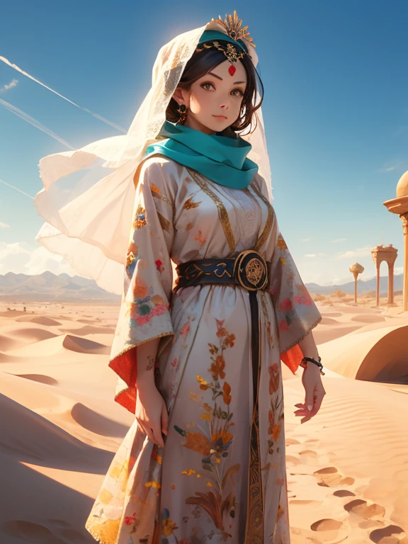 One Girl, Money色のアクセサリー, Veil, gem, Kaftans, Turbaned, Circlet, 額のjewelry, Elegant robes, sand color, (oasis), Long Hair, Wavy Hair, Light of the sun, Camel, Sand Dunes, Wind, mysterious, Desert flower, Coin Belt, fabric, embroidery, metallic, scarf, Turquoise, jewelry, Money, Queen, city, (Cowboy Shot), Pillar