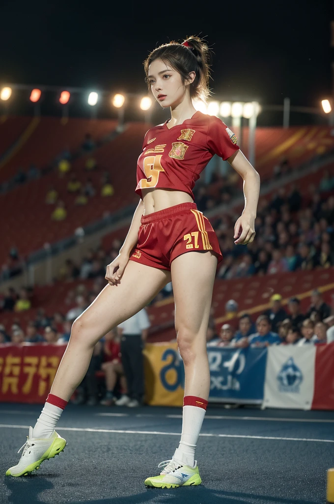 (((best quality))),(((ultra detailed))),(((masterpiece))),illustration,((1 beautiful girl,female footballer,solo)),((small breasts,flat chest)),((slim,thin)),summer night,stadium,crowded stands,enthusiastic spectators,football match,(short ponytail:1.2),(short sleeves:1.2),((Spain team kit,red shirt,blue shorts)),(slender legs:1.2),(football:1.3),fluid movements,powerful,sweat,forehead,exhaustion,passion for football,purposeful running,electric atmosphere,crowd roar,critical juncture,pressure,undeterred,floodlights,luminous glow,long shadows,drama,breathtaking sight,raw passion,unbridled energy,determination,skill,embodiment of sport's spirit,strength,resilience of human spirit,(standing:1.3),((from front,full body))