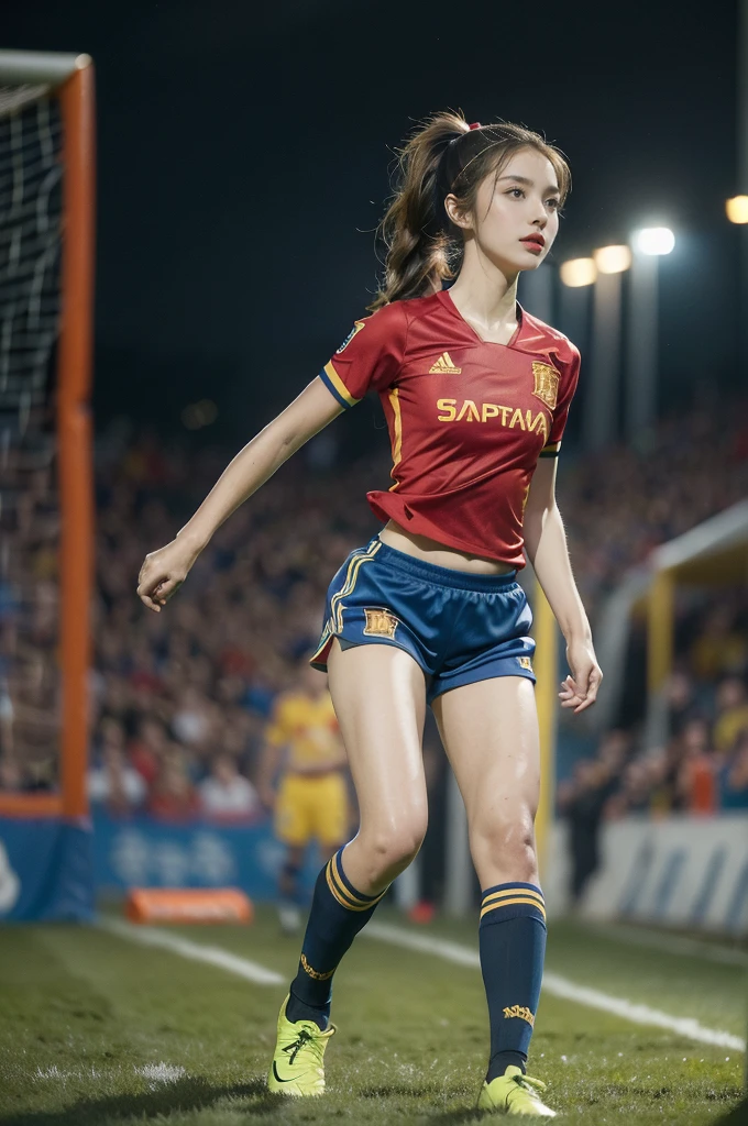 (((best quality))),(((ultra detailed))),(((masterpiece))),illustration,((1 beautiful girl,female footballer,solo)),((small breasts,flat chest)),((slim,thin)),summer night,stadium,crowded stands,enthusiastic spectators,football match,(short ponytail:1.2),(short sleeves:1.2),((Spain team kit,red shirt,blue shorts)),(slender legs:1.2),(football:1.3),fluid movements,powerful,sweat,forehead,exhaustion,passion for football,purposeful running,electric atmosphere,crowd roar,critical juncture,pressure,undeterred,floodlights,luminous glow,long shadows,drama,breathtaking sight,raw passion,unbridled energy,determination,skill,embodiment of sport's spirit,strength,resilience of human spirit,(standing:1.3),((from front,full body))