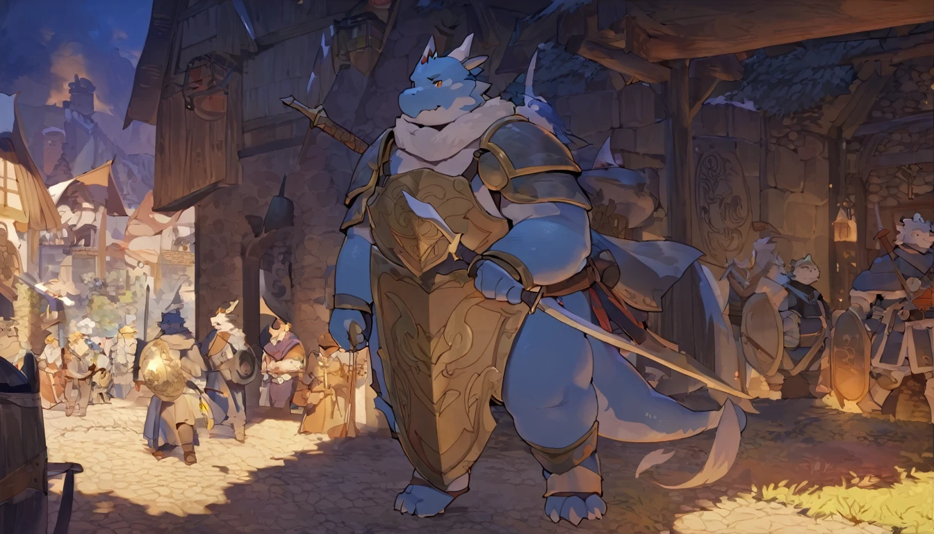 Dragon, male, furry anime,fat, chubby,main character,perfect body, detailed face,paladin,wearing Medieval adventure equipment ,A heavy greatsword on the back, Holding a large shield , medieval times, village,anthro,doujin,yaoi,fantasy world ,isekai, adventure,boukensha, masterpiece, Sinematic lighting,accurate, extremely detailed,artstation artwork,by quanjiang ,by @fansl_art 