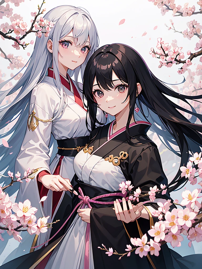 best quality, character design sheet, adult woman、No hat on, Black and pink hair, whole body, Head to Toe, Fortuneteller、Standing facing forward, Beautiful black dress, long Black Hair, Pure white background, from front, best quality, Cherry blossom pattern、Japanese、Adult Japanese、Clear eyes、Standing facing forward、The face is facing forward、holding a magic card in hand、White background、Smiling face、Black western dress、Neutral face、Black hair with pink inner color