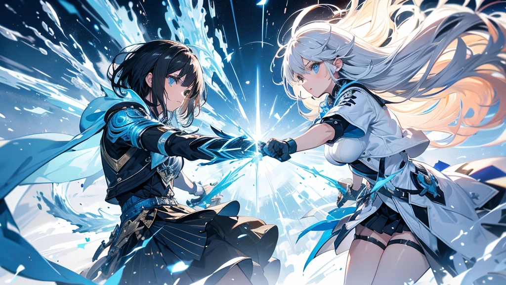 Two twin women while holding blue swords, ice swords, blue, blue aura, two women, twins, twin ice swords.HD lighting and dark )<=(epic image quality)dark atmosphere with bright particle light(many effects in background)