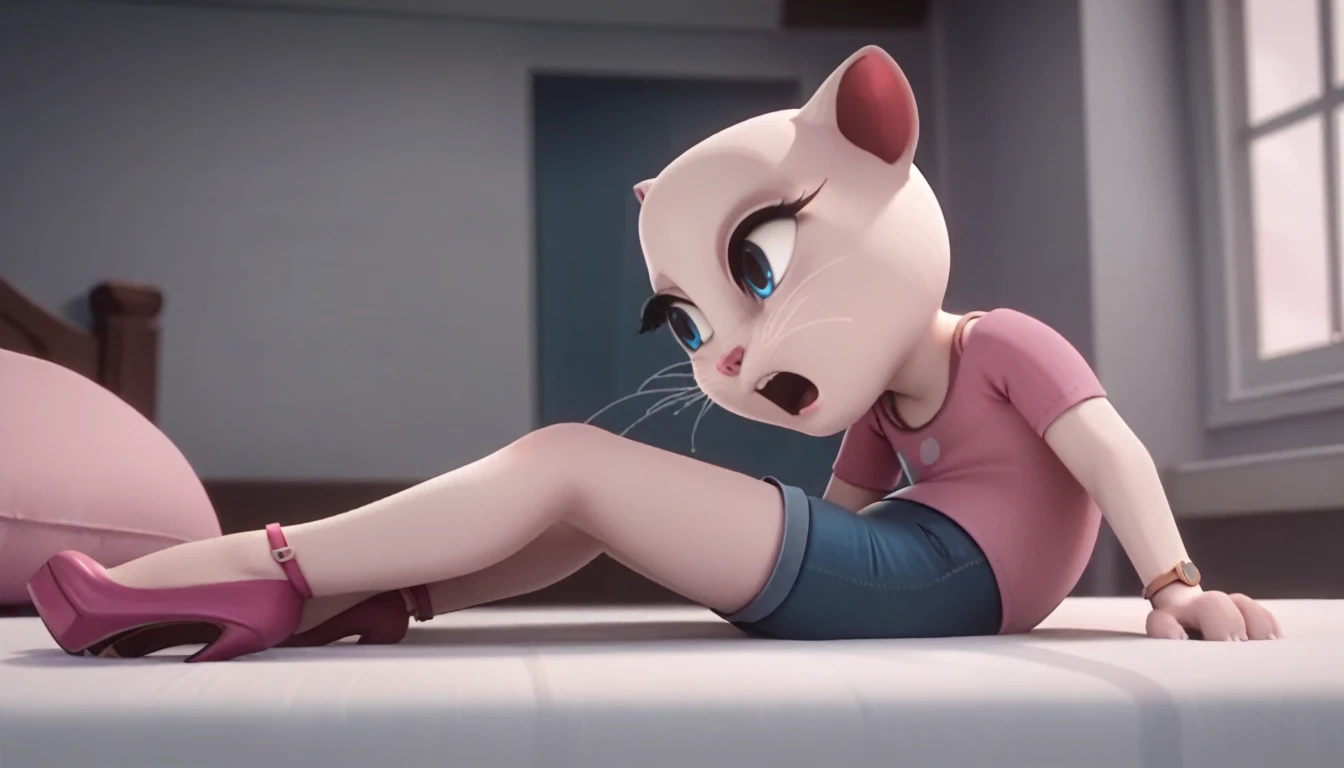 solo focus, a_la, 1girl, cat, white fur, long whiskers on both sides of the face, big bright blue eyes, big black eyelashes, pink nose, triangular ears with pink channels, high heels.short jeans pulled down. 1 girl and 1 boy human. side view. in bed. woman on top
The man lies on his back on the floor with his legs closed. Woman sits on man
anal screaming, lying, at home, looking back, big penis, 1 male rape, girl . Score_9, Score_8_up, Score_7_