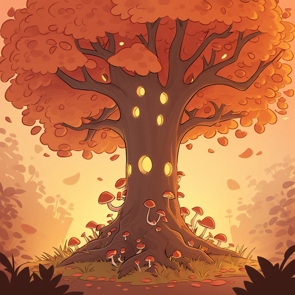 treant covered in mushrooms in golden hour art style