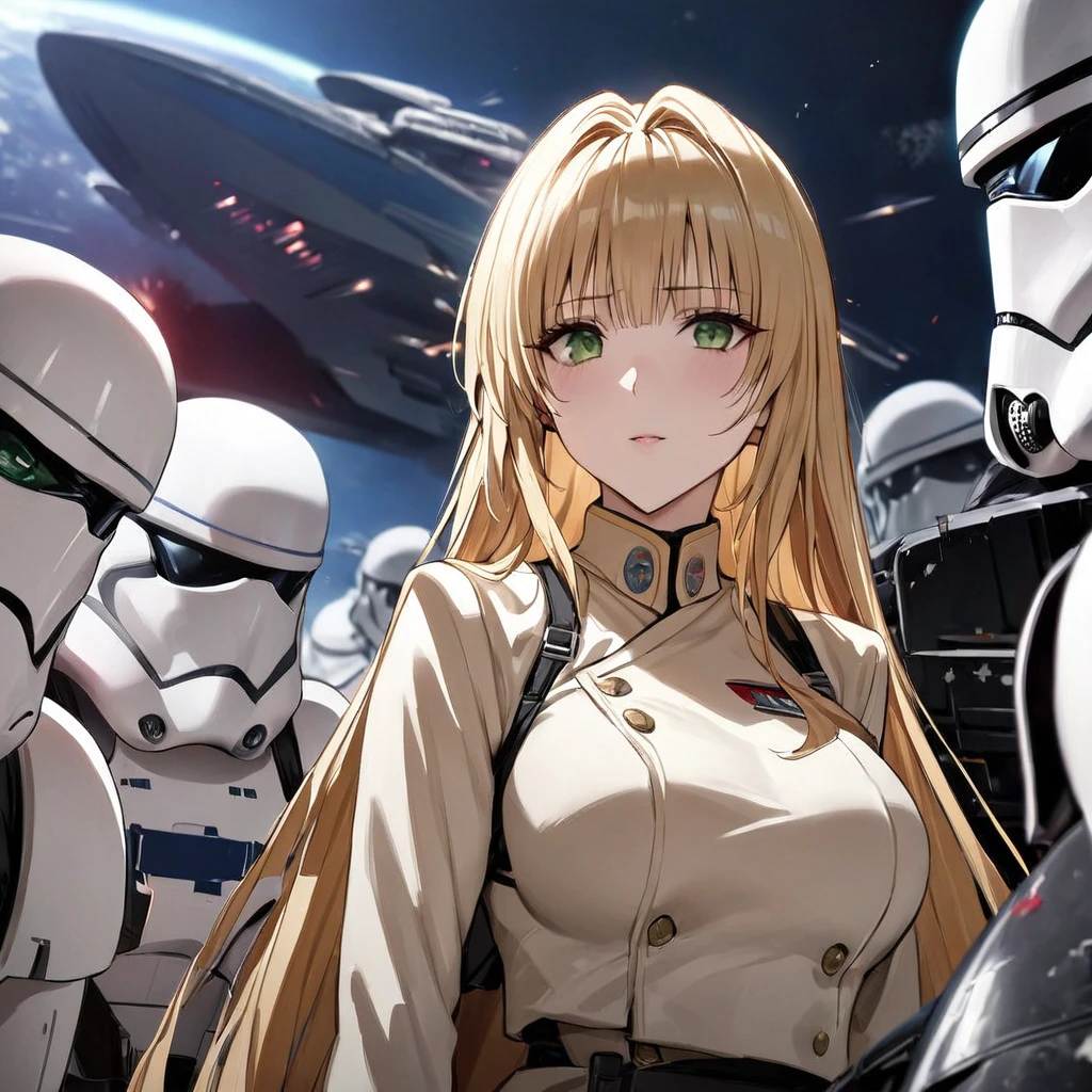 ((Highest quality)), ((masterpiece)), (detailed), (Perfect Face)、The woman is Tier, a beautiful stormtrooper with green eyes and medium-long blonde hair from the comfort women unit, who is lined up in order with other comfort women stormtroopers on an Imperial spaceship and serves Emperor Palpatine in allegiance.