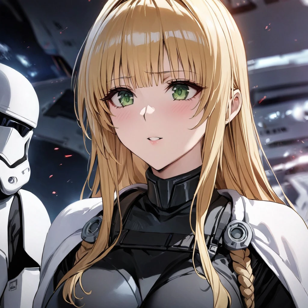 ((Highest quality)), ((masterpiece)), (detailed), （Perfect Face）、The woman is Tier, a beautiful stormtrooper with green eyes and medium-long blonde hair from the comfort women unit, who is lined up in order with other comfort women stormtroopers on an Imperial spaceship and serves Emperor Palpatine in allegiance.