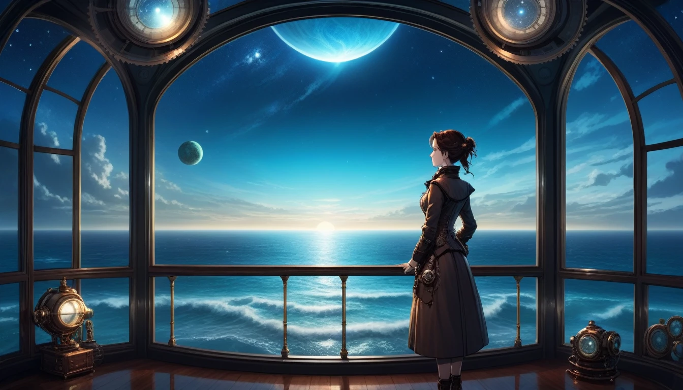 at night, front view of a person overlooking an infinite beautiful ocean with clear water out of a large window in a steampunk 20th century apartment with a planet in the sky in the background
