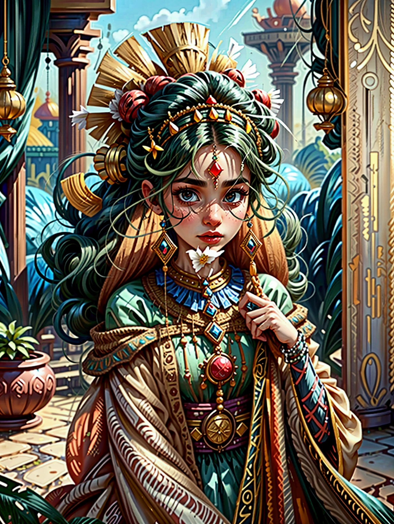 Desert Princess, dressed in vibrant traditional attire, steeped in an atmosphere brimming with magic and whimsy, similar to the setting of a classic animation movie poster. She poses eloquently within the enchanting casbah of Algiers, generally captured using a wide-angle lens, showcasing the grandeur of the location, exhibiting an effusive display of color and vibrancy. Special emphasis is placed on depicting the essence of North African culture and heritage, embodying the royal and feminine spirit that is innate within her