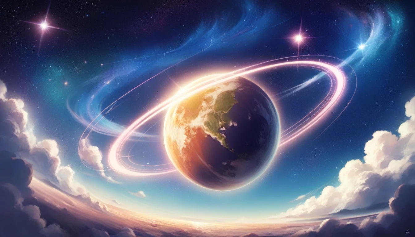 Animated scene of a planet with stars in the sky, cosmic sky. by makoto shinkai, endless cosmos in the background, Beautiful space, makoto shinkai cyril rolando, a beautiful artwork illustration, 4K highly detailed digital art, heaven planet in background, anime art wallpaper 4k, anime art wallpaper 4k, amazing wallpapers, Fantasy space,hasten、The universe is changing,The color gradually turns blue、Image of peace