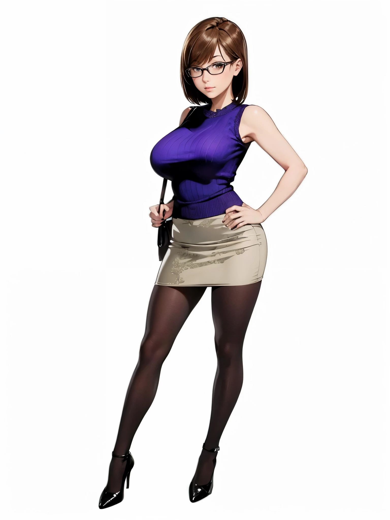 ((1girl, solo)), ((mature female)), beautiful body, (perfect anatomy, perfect body, perfect hands, perfect legs), (five fingers:1.5), natural proportions, sexy body, large breasts, cowboy shot, hand on hip BREAK
((extremely detailed face)), (beautiful detailed eyes:1.6), (realistic pupils, realistic iris:1), expressive eyes, looking at viewer, (clear eyes:1.3), (hyperrealistic:1.2), (detailed skin texture:1.2), smooth skin, (brown eyes:1.5), glasses, (brown hair:1.5), (short hair:1.2), bangs, (detailed lips:1.2), (attractive lips:1.1), (glossy lips:1.1), (smile), parted lips, mole, ((mole under mouth)), perfect face, perfect eyes BREAK
ribbed sweater, sleeveless, pencil skirt, miniskirt, black pantyhose, black footwear, high heels, handbag BREAK
(masterpiece:1.5), anime-style, top quality, best quality, (beautiful and aesthetic:1.2), (ultra detail:1.5), Ultra-detailed depiction, Ultra-precise depiction, extremely detailed 8k illustration, high resolution, (highly detailed shading:1.2), (realistic lighting:1.4), perfect lighting, vibrant colors, dynamic tones, striking hues, 8k, absurd resolution, perfect shadows, hdr, UHD, ambient lighting, realistic, ultra-realistic, photo realistic, highly detailed, rich detail, luminous colors, fine texture, intricate design, professional illustration, (soft light:1.2), (illustration:0.7)