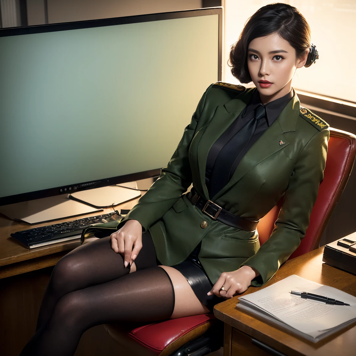 (full body,In the office,a Chinese beauty wearing a uniform,with perfect facial features,hot ass giri,lipstick,red lips,(Retro finger waves),finger waves,Deep olive green tight fitting wool jacket,a brown-green shirt,wearing (Black uniform tie),Deep Olive Green Wool Pencil Skirt,(Black high heeled knee high boots),full body,Sitting in front of the computer,sitting in an office chair,making phone calls,(Her boyfriend is standing across from her,) a girl,a boy,full body,office,night,bright lighting,Best quality,masterpiece,ultra highs,(photosensitive:1.4),8k portal of beautiful,integrated,elegantly,highly detailed,Majestic,art by artwork and run jia and greg rutkowski,(masterpiece, sidelighting, finely detailed beautiful eyes:1.2),HDR,Detailed background,military_uniform,telephone microphones hanging under the desk,telephone,
