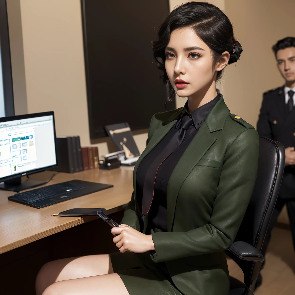 (full body,In the office,a Chinese beauty wearing a uniform,with perfect facial features,hot ass giri,lipstick,red lips,(Retro finger waves),finger waves,Deep olive green tight fitting wool jacket,a brown-green shirt,wearing (Black uniform tie),Deep Olive Green Wool Pencil Skirt,(Black high heeled knee high boots),full body,Sitting in front of the computer,sitting in an office chair,making phone calls,(Her boyfriend is standing across from her,) a girl,a boy,full body,office,night,bright lighting,Best quality,masterpiece,ultra highs,(photosensitive:1.4),8k portal of beautiful,integrated,elegantly,highly detailed,Majestic,art by artwork and run jia and greg rutkowski,(masterpiece, sidelighting, finely detailed beautiful eyes:1.2),HDR,Detailed background,military_uniform,telephone microphones hanging under the desk,telephone,