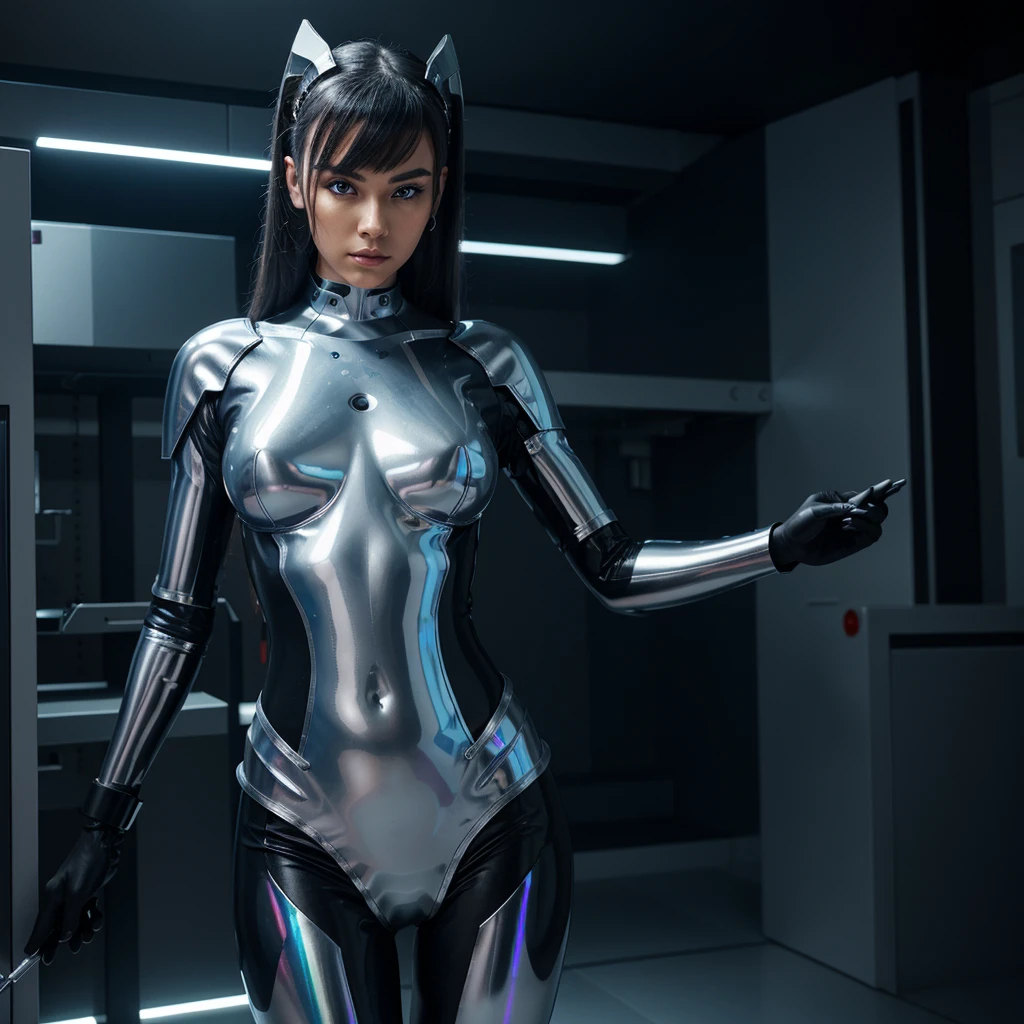 Full-body shot of a seductive female cyborg with a sleek, minimalist headpiece integrated seamlessly with her metallic hair. She possesses a captivating, detailed face with piercing, glowing eyes. Her body is encased in a form-fitting metallic and plastic suit that resembles futuristic armor, accentuating her feminine curves. Background: a cutting-edge, high-tech laboratory. Pose: one hand extended forward, as if she's manipulating a holographic interface, her posture exuding confidence and control.