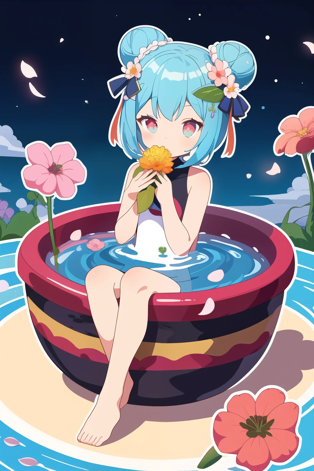 (flat design,Super cute girl:1.0125),(Polychromatic,vector art,Outline,:1.3401), (best quality), (masterpiece), incredible_absurdes, Very detailed, Exquisite rendering, illustrationxist, (high resolution), The original, night_Sky, (closure_exist:1.2), (closure shot), (A girl:1.3) yes (sitting exist the Tree) Foot bath, [[A faint smile]], (baby_blue hair), Very_lexistg_hair, water inner hair, Small double bun, (Beautiful and delicate eyes), (Red Eyes), floating ribbexist, (桃flower), flowers, (flower) Tree, Petals exist water, Floating flower petals, [[full moexist]]
