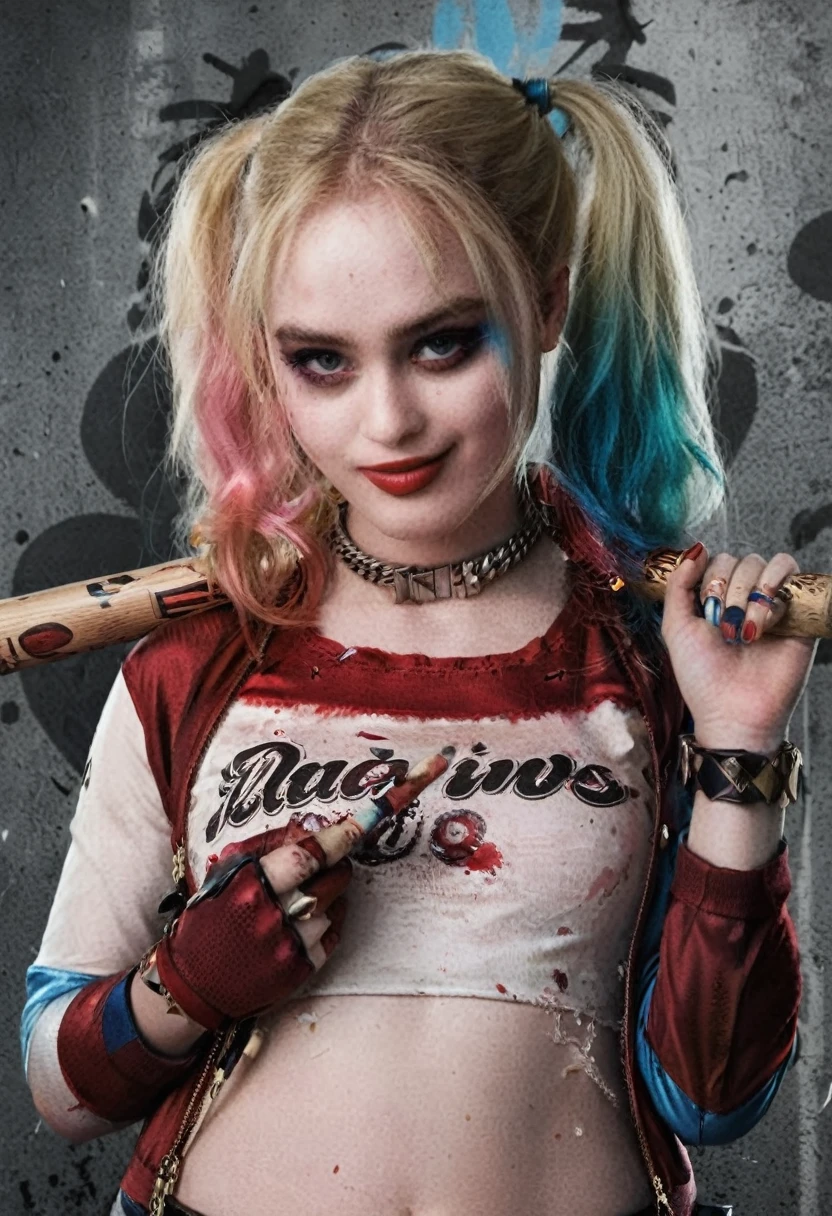 An illustrated movie poster of Kathryn Newton dressed as Harley Quinn, half-body shot, (laughter:1.2), ample natural breasts, (holding a barbed baseball bat over shoulder with 1hand - menacingly), f /2.8, cinematic, high quality, movie poster quality, skin texture, looking at the camera  hard shadows, graphite shading, stencil marks, airbrushed acrylic paint, masterpiece, BREAK, on shirt written: 'Daddy's !', 