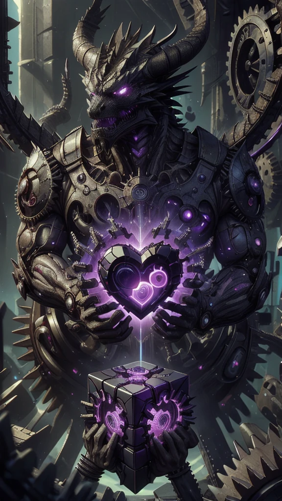 Dragon Technology, Science Fiction,obsidian , Rainbow,   (cube:1.1), Heart-shaped , Weighted companion is surrounded by gears