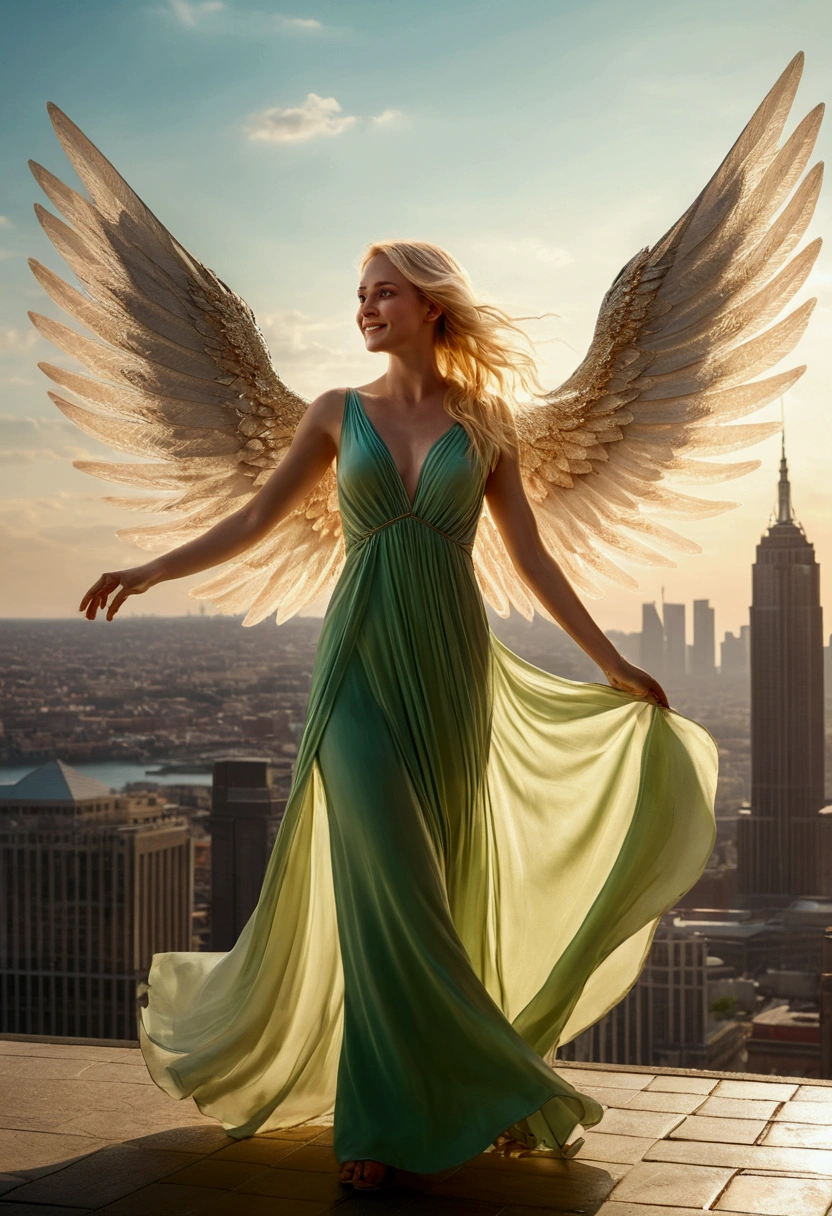 masterpiece, Best quality, official art, 8k wallpaper, Very detailed, 1 woman, light falls on and creates the effect of wings, full length woman, stands half-sideways, in a light closed summer silk flowing dress, with the city in the background, Woman smiling, the woman is very nice, beautiful, blonde hair, green bright eyes, Cinematic effect, shadow game, play of light