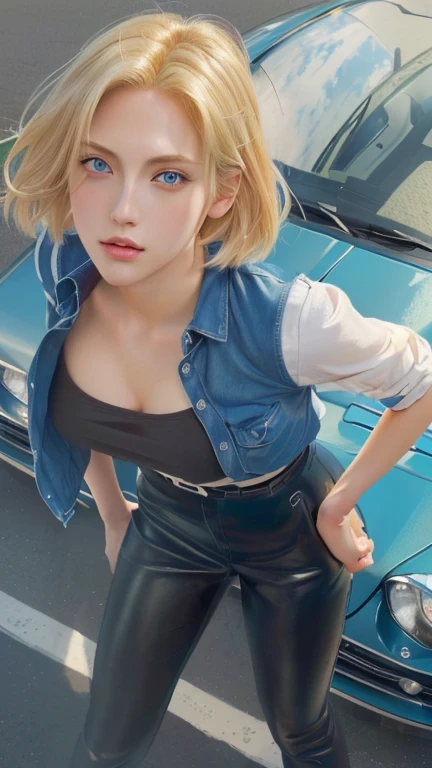 girl with blue eyes and blonde hair standing in front of a car, android 18, annie leonhart, clean detailed anime art, looking like annie leonhart, cutesexyrobutts, detailed artwork, kentaro miura art, clean detailed style, style hyper detailed, fine details. , highly detailed exquisite fanart, | fine detail