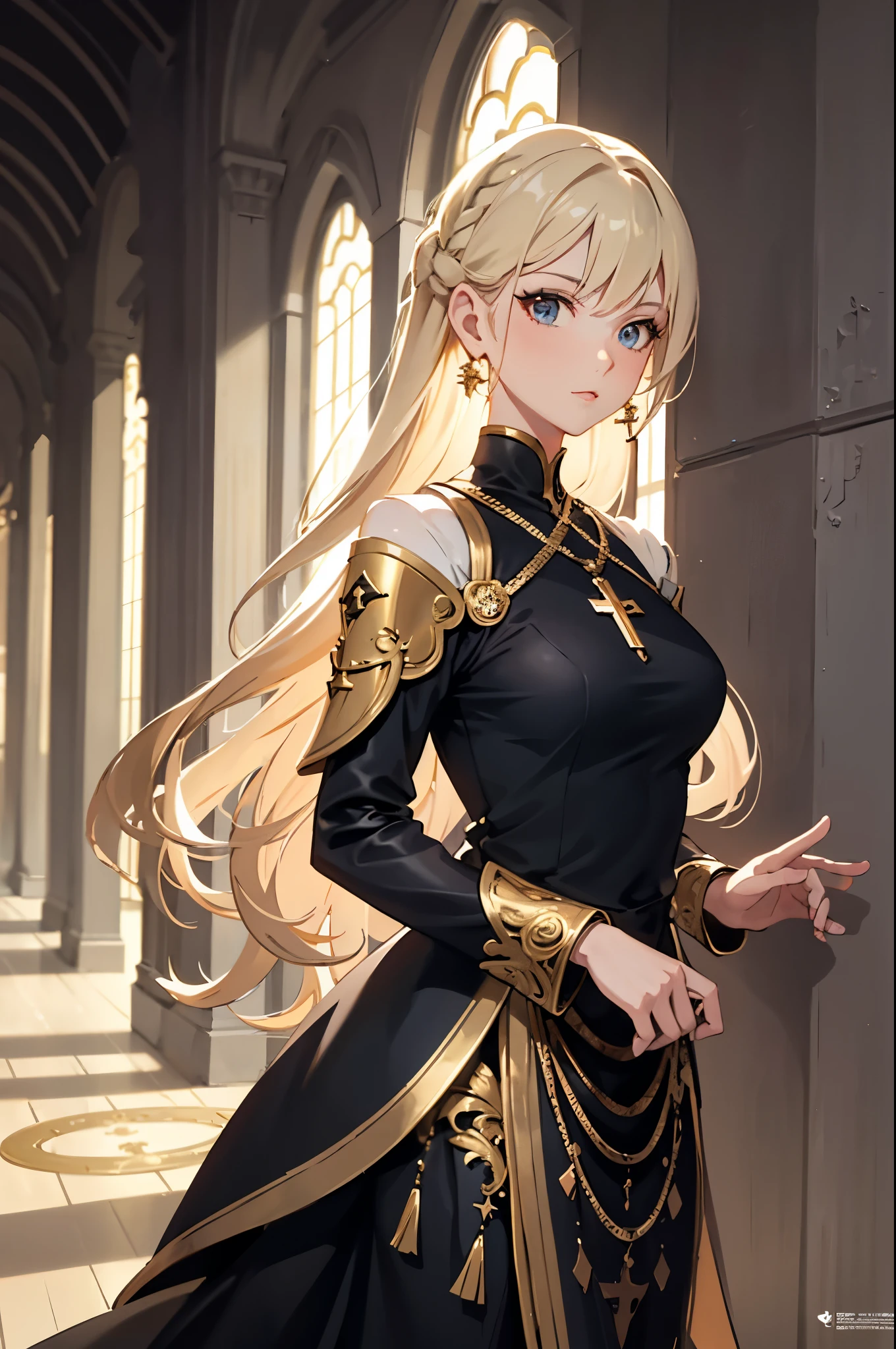 ((Masterpiece artwork, top-quality, official anime art, beautiful and aesthetic:1.2)), (1 girl:1.3), (full head: 1.9), (Clothing must cover the entire body), (Slender, blonde commanding knight), solid colors, a noble mature Catholic woman, looking at the observer, soft smiling, Soft makeup, mysterious, set in medieval Europe, The woman has 1.68 m high, Soft makeup, graceful pose, woman with blonde hair, slightly long hair, fine wavy hair, flowing hair tied with beautiful ornaments, asymmetrical bangs, wear earrings, blue-gray eyes with a slight greenish tint, glare eyes, perfects eyes, face perfect, Delicate Lashes, sacred vestment, guild outfit with super light and thin ornate armor, long modest dress, white and black dress with minimal details in blue and gold, the dress should be a little loose, the woman wears a golden Christian cross around her neck, The character must only be visible from the front, completely natural position, meticulous portrait of the face, inside a castle, perfect background, soft lighting.