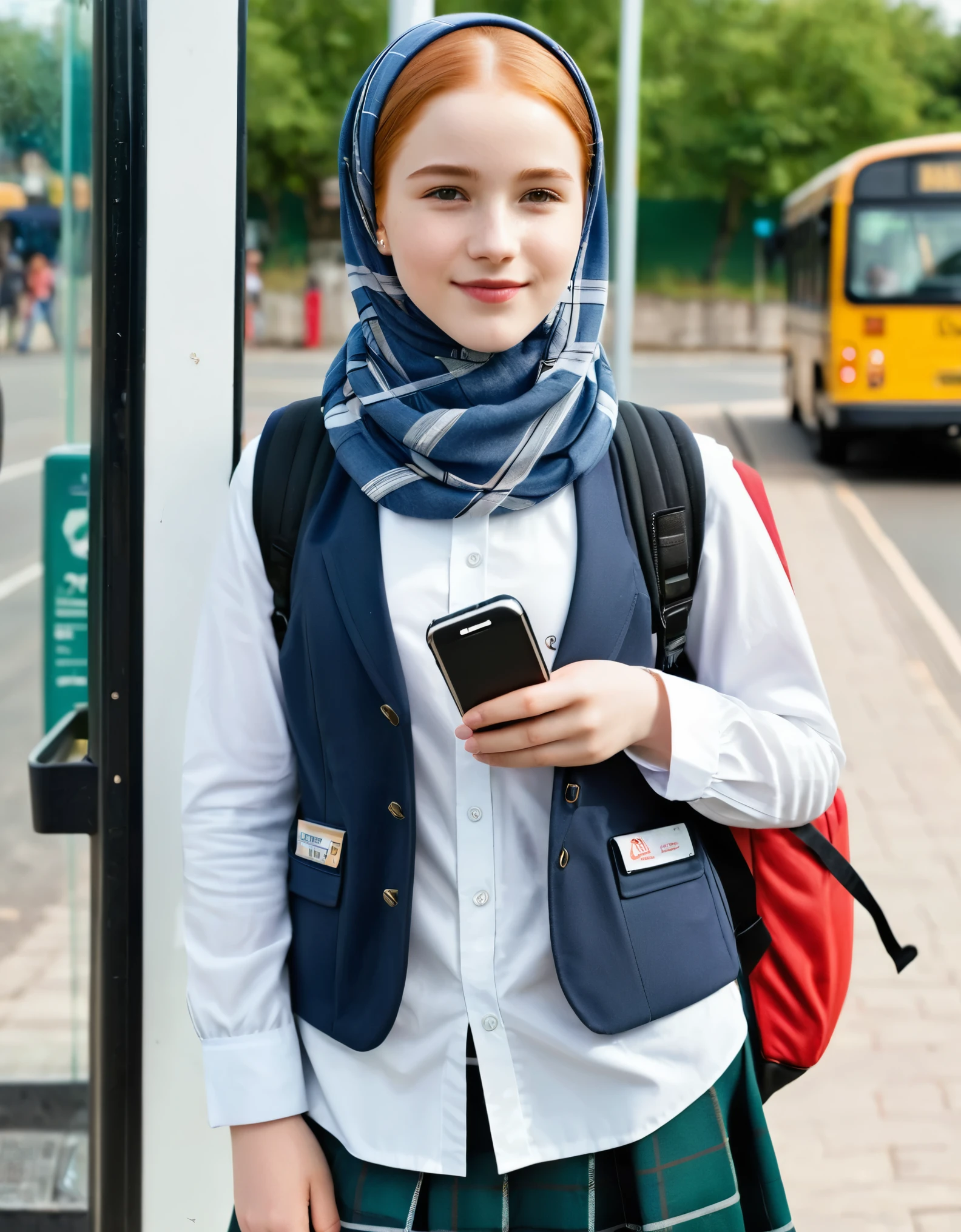 photography full body portrait of very beautiful realistic girl, 12-years-old, holding a smartphone, standing in front of a modern house, carrying backpack, wear LV hijab headscarf, fancy uniform with royal vest, porcelain skin, very fair skin, very pale skin, redhead, detail skin texture, hazel eyes, slanted eyes, small nose, small nostril, think curved eyebrow, thick bottom lip, seductive gaze, happy face, unique face, detail photo, realistic photo, master piece picture, sharp picture, outdoor clear daylight 