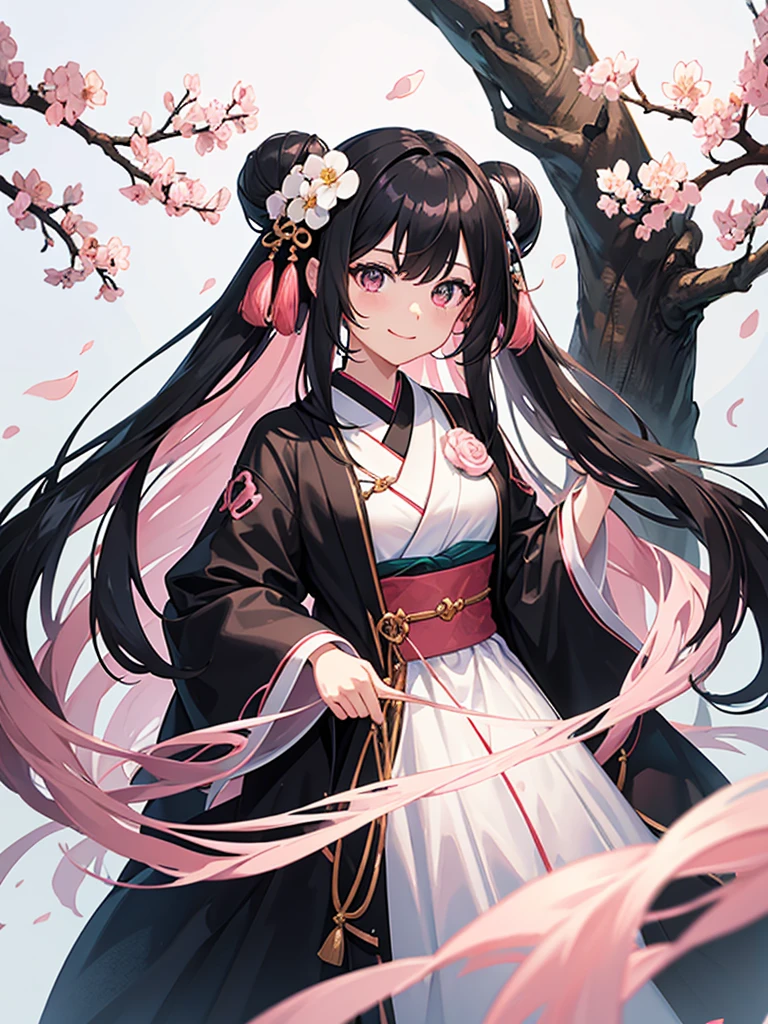 best quality, character design sheet, adult woman、No hat on, Black and pink hair, whole body, Head to Toe, Fortuneteller、Standing facing forward, Beautiful black dress, long Black Hair, Pure white background, from front, best quality, Cherry blossom pattern、Japanese、Adult Japanese、Clear eyes、Standing facing forward、The face is facing forward、holding a magic card in hand、White background、Smiling face、Black western dress、Neutral face、Black hair with pink inner color