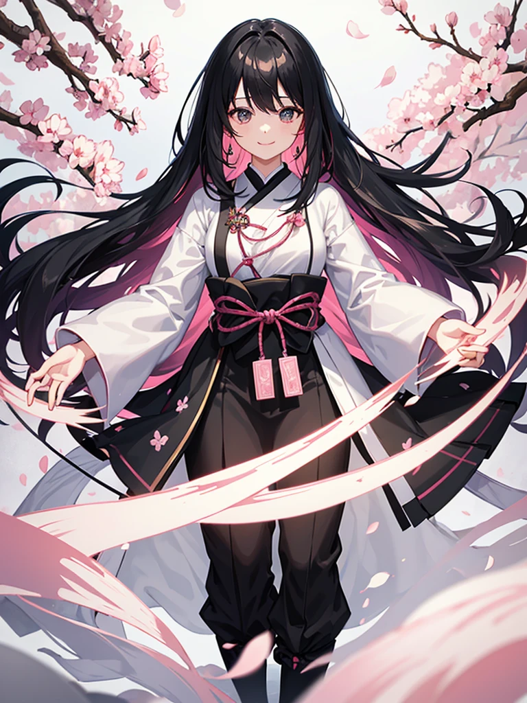 best quality, character design sheet, adult woman、No hat on, Black and pink hair, whole body, Head to Toe, Fortuneteller、Standing facing forward, Beautiful black dress, long Black Hair, Pure white background, from front, best quality, Cherry blossom pattern、Japanese、Adult Japanese、Clear eyes、Standing facing forward、The face is facing forward、holding a magic card in hand、White background、Smiling face、Black western dress、Neutral face、Black hair with pink inner color