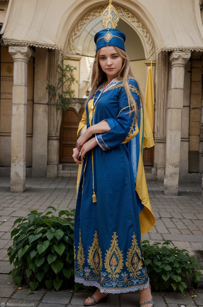 Ukrainian woman, full body, nice face, jolie corps, ((dress with blue top and yellow bottom)), smirk, ((dans la ville de Lviv)), main opera square