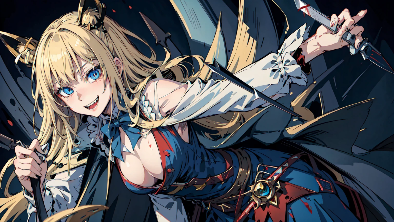 Best quality, 4K,Masterpiece, Extremely detailed, 8K, High detail, Sharp focus, 1girl, Solo, Alice in wonderland, long blonde hairs, Detailed eyes, (long coat), Smile, Gesugao, (Evil smile:1.1), Sharp teeth, (Crazy blue eyes:1.2), Yandere, holding knives, (blood spatter:0.95)