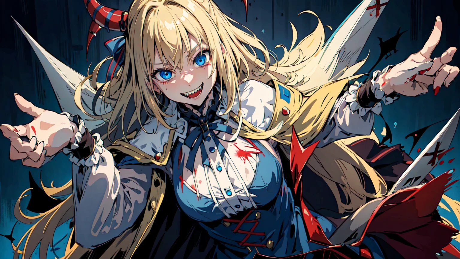 Best quality, 4K,Masterpiece, Extremely detailed, 8K, High detail, Sharp focus, 1girl, Solo, Alice in wonderland, long blonde hairs, Detailed eyes, (long coat), Smile, Gesugao, (Evil smile:1.1), Sharp teeth, (Crazy blue eyes:1.2), Yandere, holding knives, (blood spatter:0.95)