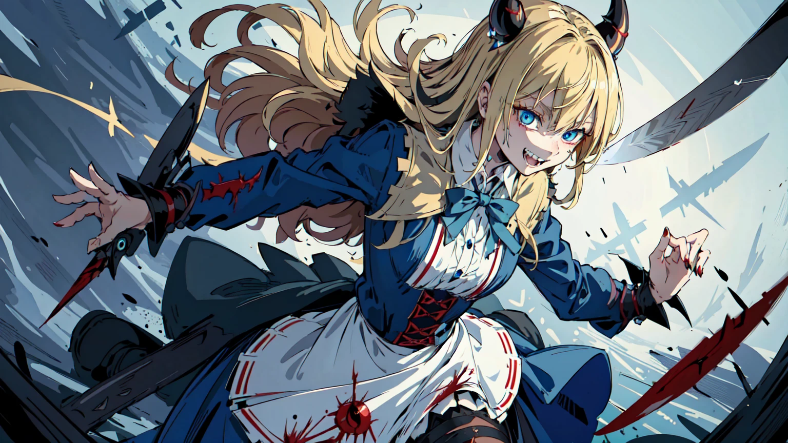 Best quality, 4K,Masterpiece, Extremely detailed, 8K, High detail, Sharp focus, 1girl, Solo, Alice in wonderland, long blonde hairs, Detailed eyes, (long coat), Smile, Gesugao, (Evil smile:1.1), Sharp teeth, (Crazy blue eyes:1.2), Yandere, holding knives, (blood spatter:0.95)