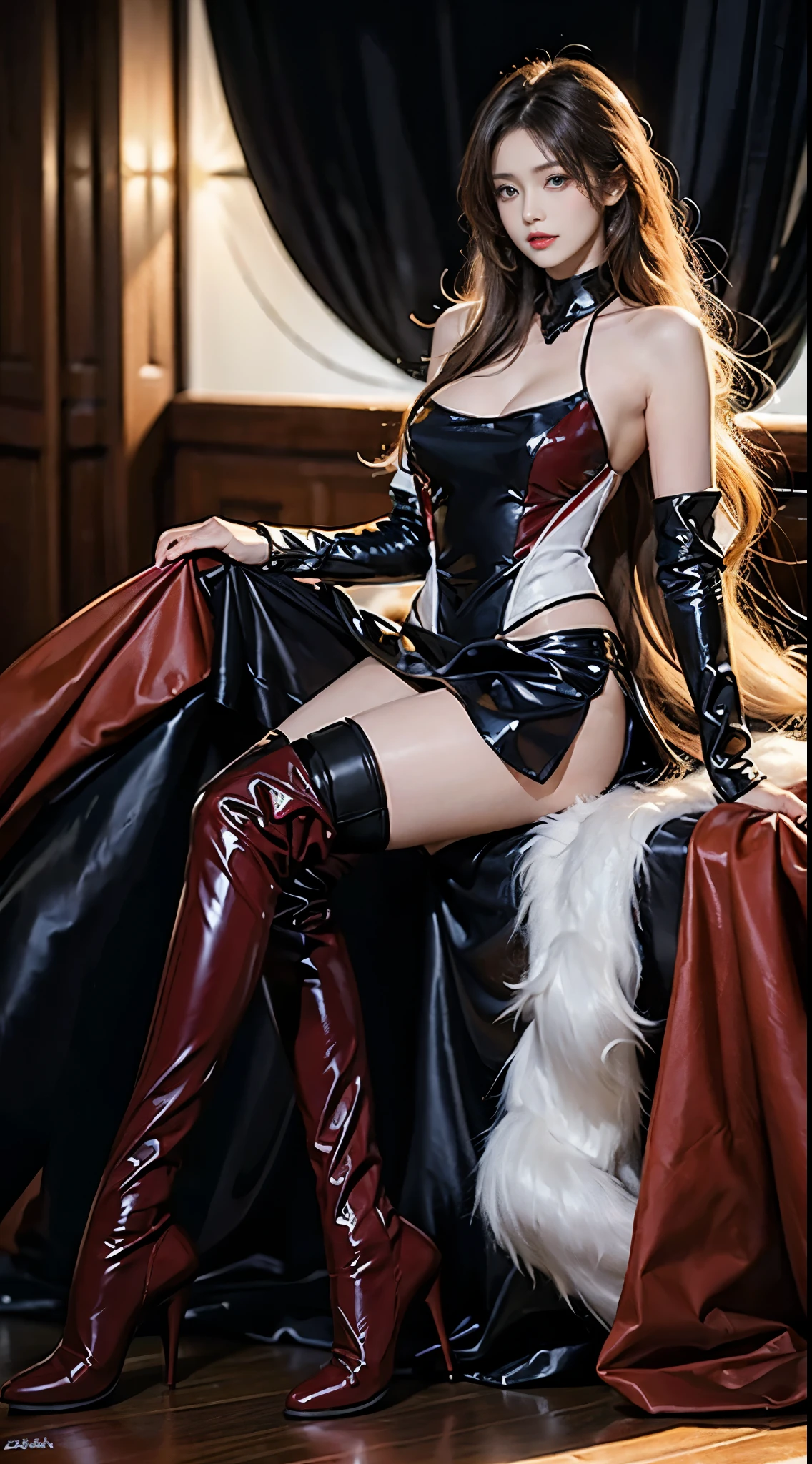 (Top quality, Masterpiece: 1.2), 1 Girl, Beautiful feet, Big , Beautiful feet, style, Sexy, Yan,Red over the knee boots,attractive, Full body view,Full body photo,Sexy, Beautiful and neat face, Beautiful eyes, Beautiful hair, Clear skin, Beautiful mouth, Smooth legs,Red over the knee boots 平衡体, Fashionable clothes change, Mizuki Yukikaze, Hair Ribbon, -Pistan, Red Theme, Photorealistic, Sexy, woman, woman, Female Voice, for real, Taimaning Set,Red over the knee boots