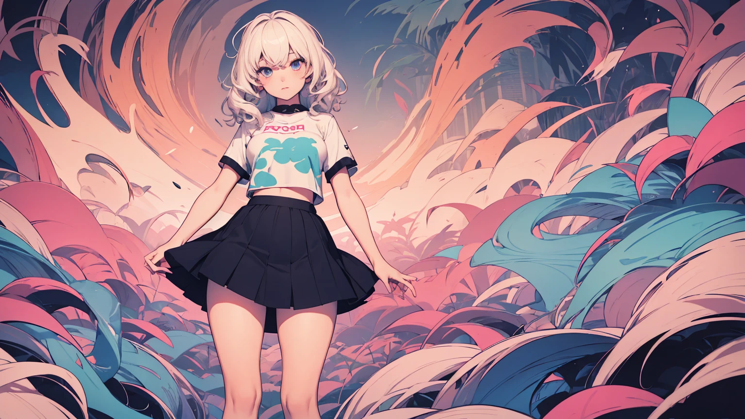 (masterpiece, best quality), beautiful woman, soft light, crop-top with floral pattern, short skirt, cleveage, wavy hair, ponytail, asymmetrical bangs, perfect face, beautiful face, alluring, big gorgeous eyes, soft smile, perfect slim fit body, outdoors, standing, abstract background, bright colors, (risograph), full body shot, fullbody, medium breasts, solo, cleveage, sexy