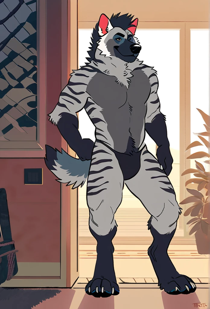 solo, male, anthro (striped hyena), by tritscrits, (by botch:0.7), digitigrade, digital artwork, (flat colors:1.3), striped hyena tail, mature male, sexy, ((detailed background)), athletic, gray fur, looking at camera,