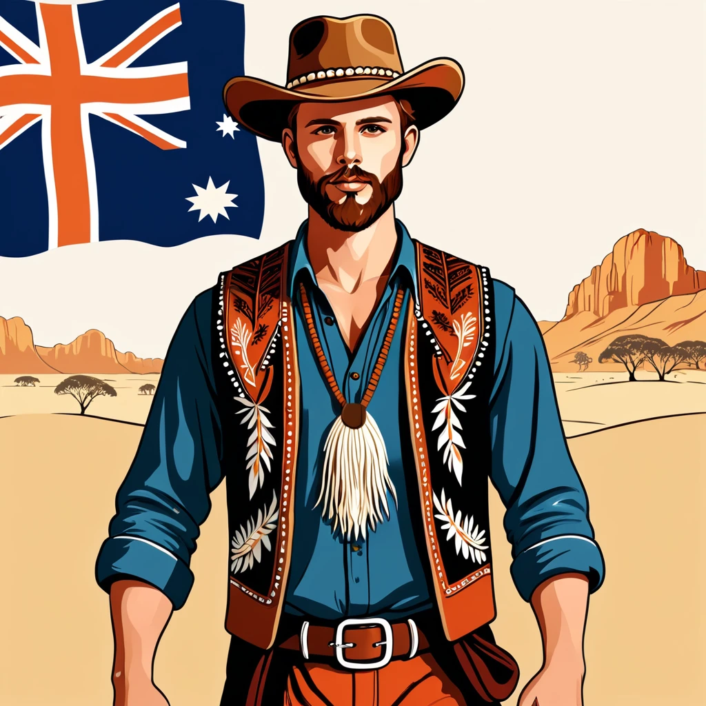 man in australian folk outfit, vector graphics, strong contours