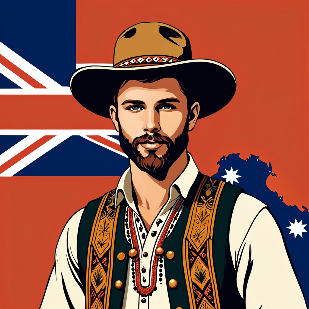 man in australian folk outfit, vector graphics, strong contours