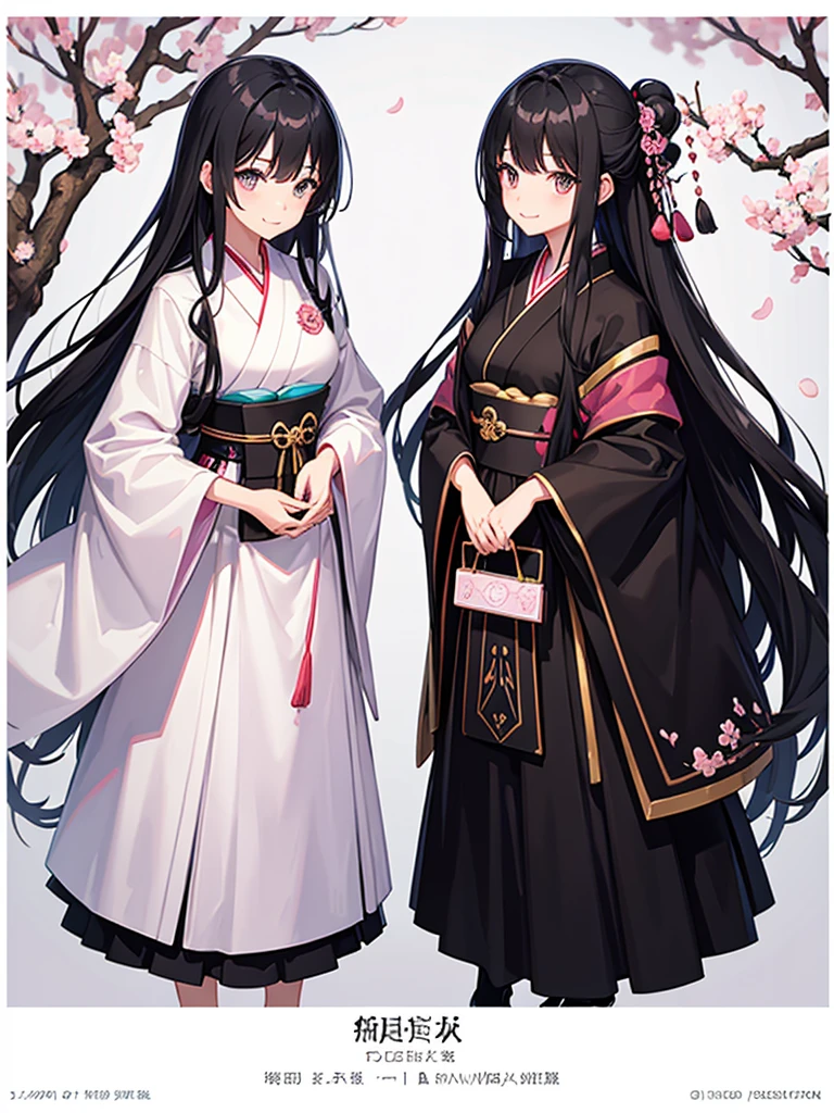 best quality, character design sheet, adult woman、No hat on, Black and pink hair, whole body, Head to Toe, Fortuneteller、Standing facing forward, Beautiful black dress, long Black Hair, Pure white background, from front, best quality, Cherry blossom pattern、Japanese、Adult Japanese、Clear eyes、Standing facing forward、The face is facing forward、holding a magic card in hand、White background、Smiling face、Black western dress、Neutral face、Black hair with pink inner color